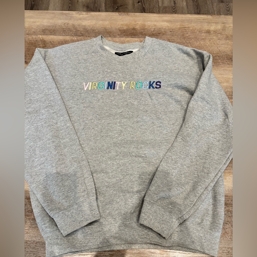 Gray Crewneck Sweater with Multicolor Text